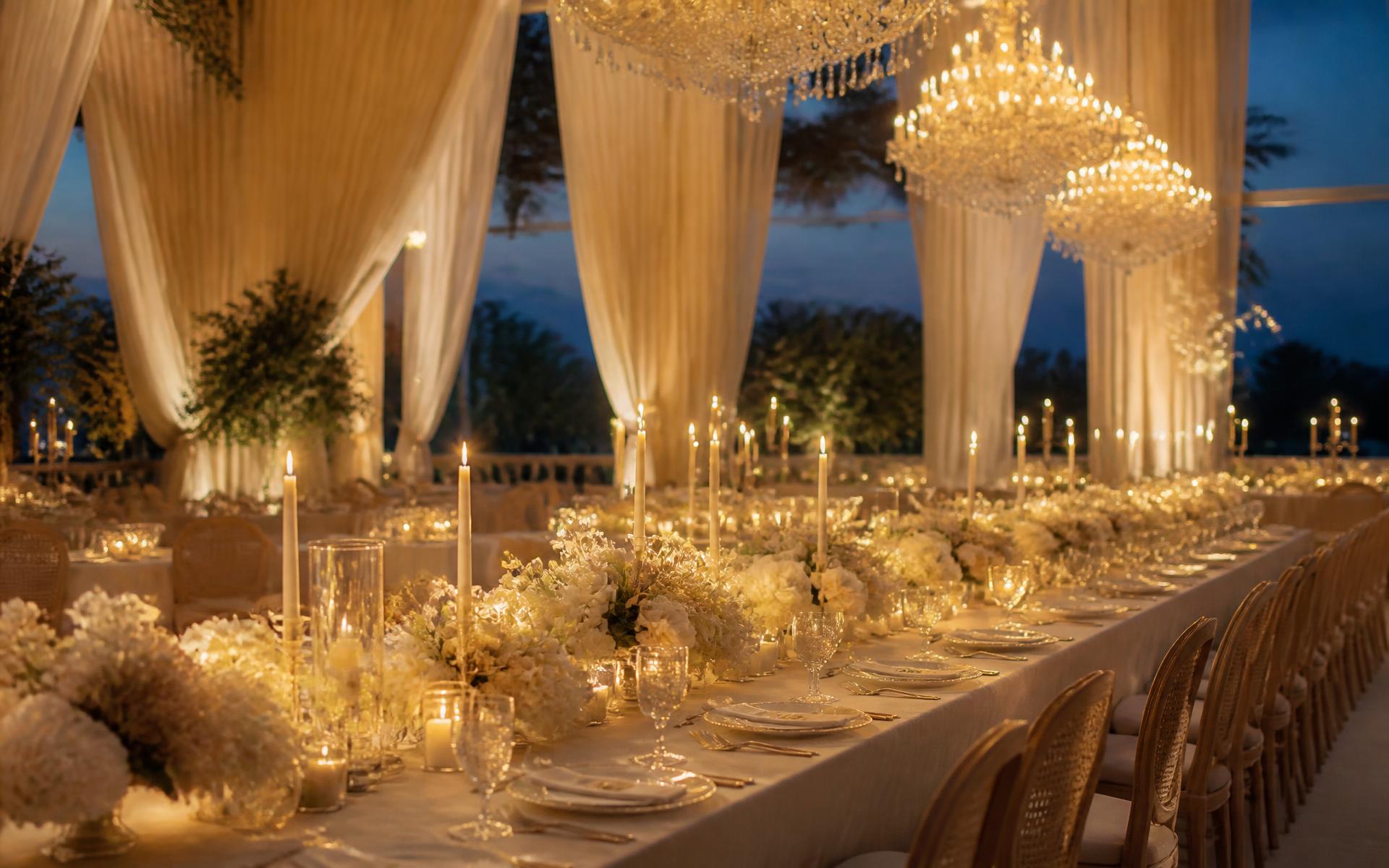 Candlelit banquet table styled with ivory florals at a Martha Naseem Creations wedding